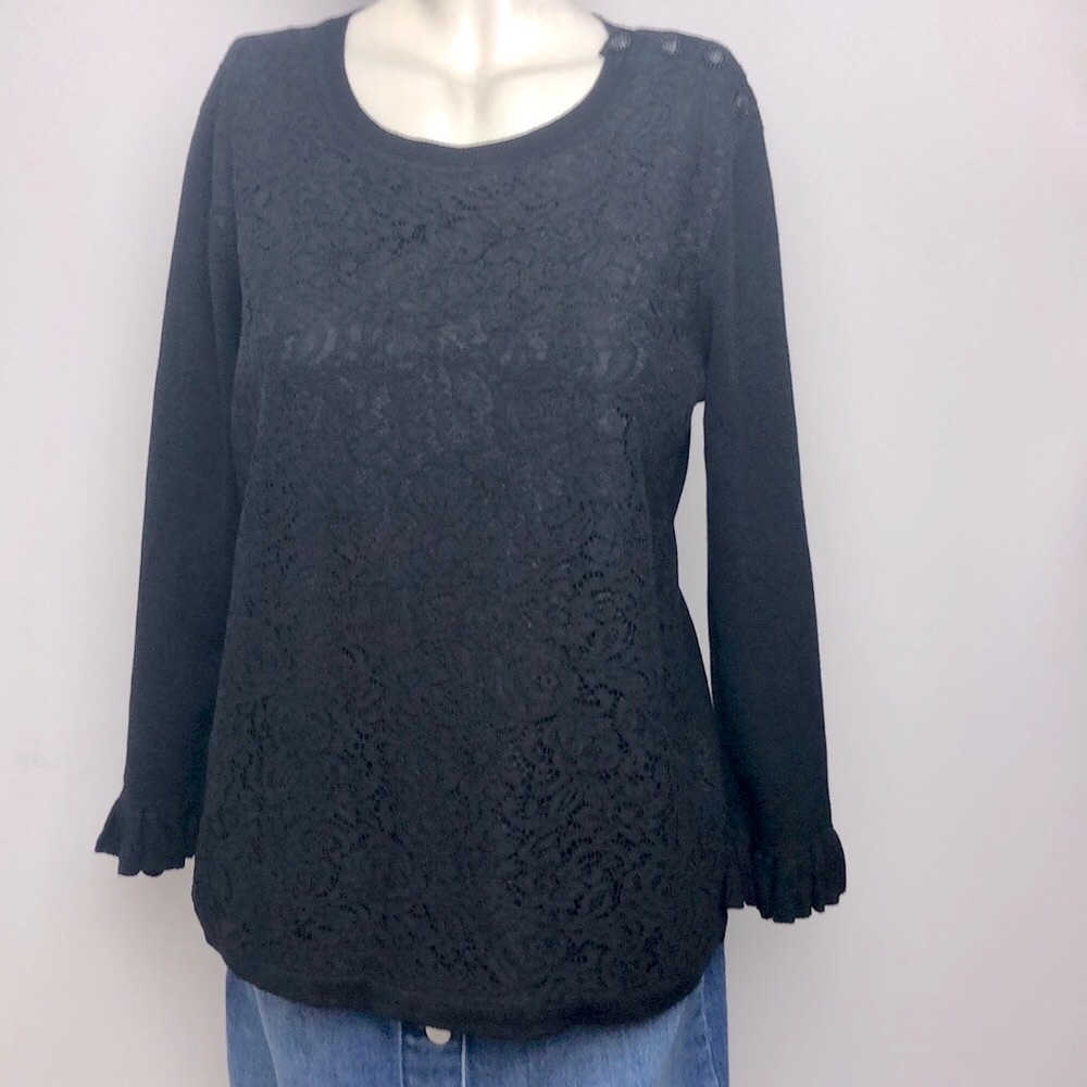 Karl Lagerfeld Black Floral Laced Ruffled Hem Pullover Sweater Size M